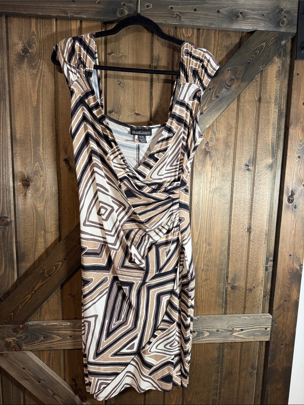 Frank Lyman Design Geometric Wrap Midi Dress in Beige, Tan and Black